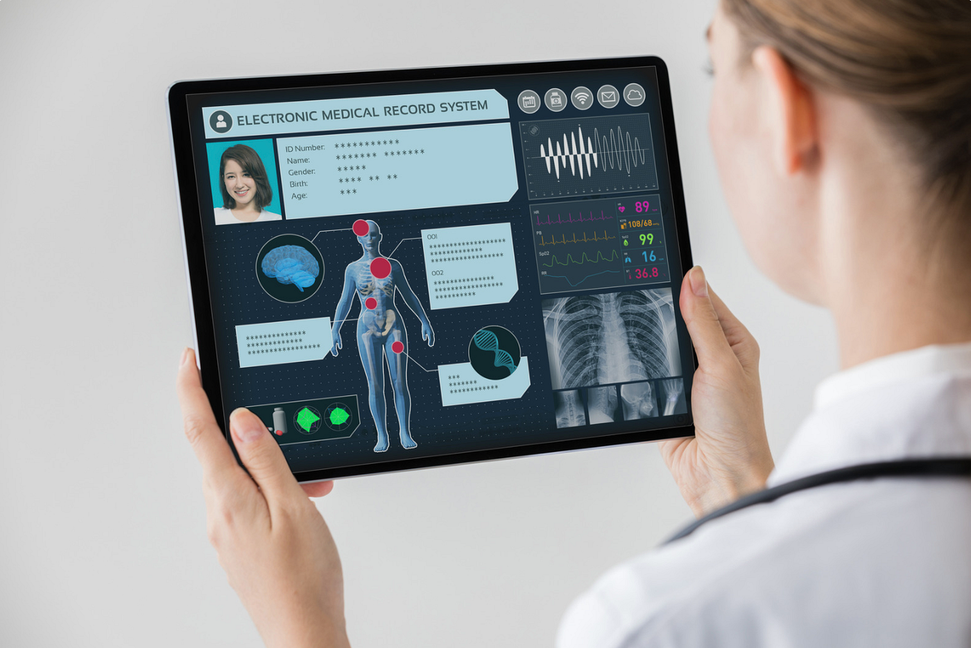 Clinician reviewing an AI-assisted electronic medical record on a tablet